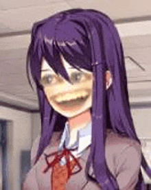 a girl with purple hair is wearing a school uniform and tie .