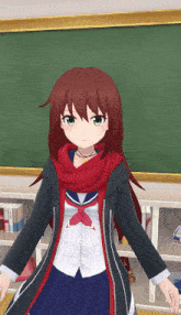 a girl with red hair and a scarf around her neck stands in front of a green board