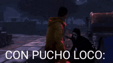 a man in a red hoodie is kneeling down in front of a scream character .