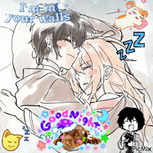 a drawing of a man and woman hugging with the words " i 'm in your walls "