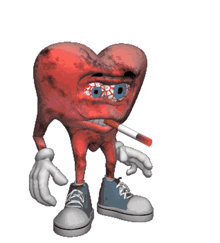 a cartoon heart is smoking a cigarette and wearing a pair of sneakers