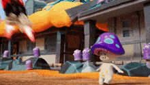 a cartoon character with a purple mushroom on his head