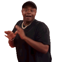a man wearing a black shirt and a hat is making a funny face