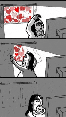 a cartoon of a man looking out of a window with hearts on it .