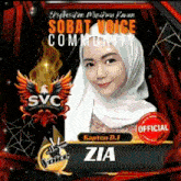 a poster for the sobat voice community shows a woman in a white hijab