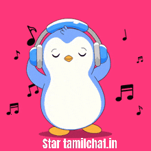 a penguin wearing headphones with music notes around it