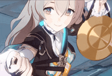a girl with gray hair and blue eyes is holding a gold object