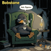 a cartoon of a duck sitting in a chair with a speech bubble saying huh figures