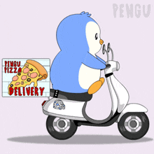 a penguin is riding a scooter with a box of pizza in the back that says pengu pizza delivery