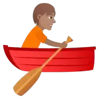 a man in an orange shirt is paddling a red boat with a wooden paddle