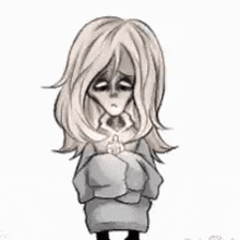 a black and white drawing of a girl with long hair and a sad face .