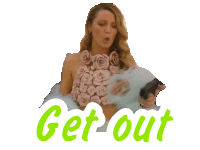 a woman in a dress with roses on it and the words get out