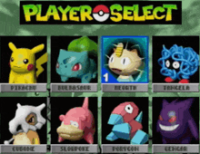 a player select screen for a video game shows pikachu bulbasaur and other pokemon