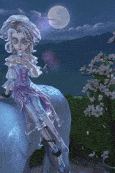 a girl in a purple dress is sitting on a white horse