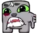 a cartoon character with green eyes is making a funny face with its mouth open .