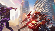 a black panther and rocket raccoon are fighting in a city