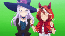 a witch and little red riding hood are standing next to each other on a green background