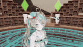 a girl with a heart in her hair is standing in a room with lots of shelves