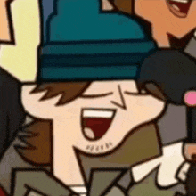 a cartoon character is laughing with his mouth open and wearing a hat .