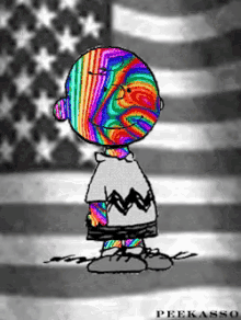 a cartoon of charlie brown with a rainbow face