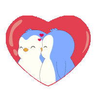 a couple of penguins kissing inside of a red heart