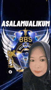 a woman in a black hijab stands in front of a billiards logo