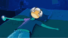 a cartoon drawing of a girl laying on a bed with headphones on