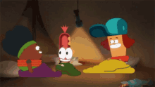 three cartoon characters are sitting in a tent with a flashlight