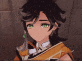a close up of a cartoon character with black hair and green eyes