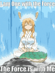 a picture of a girl sitting on a rock with the words " i am one with the force "