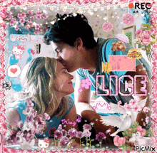 a picture of a man kissing a woman with the word lice in pink