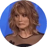 a woman making a surprised face in a blue circle