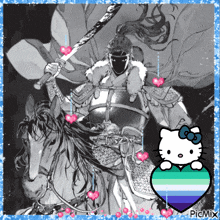 a black and white drawing of a man riding a horse with a hello kitty in the corner