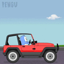 a cartoon of a penguin driving a red jeep with the word pengu above it