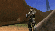a video game character is standing in front of a wall that says lmr7