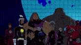a group of cartoon characters are standing next to each other and one of them has the letter g on his shirt
