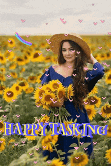 a woman in a blue dress is holding a bouquet of sunflowers in a field with the words happy tasking above her