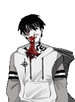 a black and white drawing of a man with blood coming out of his nose and mouth