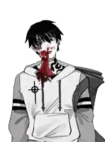 a black and white drawing of a man with blood coming out of his nose and mouth