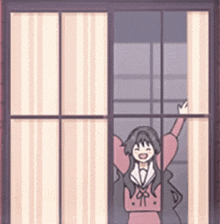 a cartoon girl is standing in a window with her arms outstretched .
