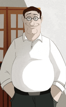 a cartoon of a man wearing glasses and a white shirt with his hands in his pockets