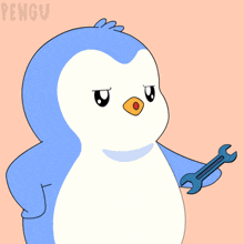 a penguin wearing glasses holds a wrench