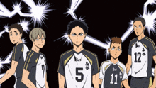 a group of volleyball players are standing next to each other and one of them has the number 5 on his jersey