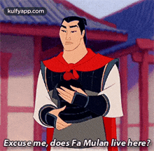 a cartoon of a man standing in front of a building with the words excuse me does fa mulan live here