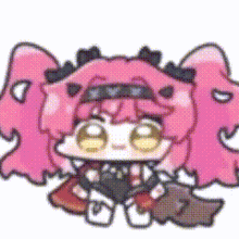 a cartoon of a girl with pink hair and yellow eyes .