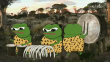 a group of green frogs are playing drums in a field .