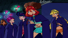 a group of cartoon characters standing next to each other in a dark room