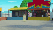 a cartoon drawing of a carnival with a sign that says no dogs allowed
