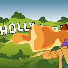 a cartoon drawing of a person standing in front of the holly wood sign