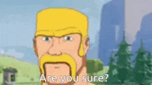 a cartoon of a man with a beard and a helmet asking if he is sure .